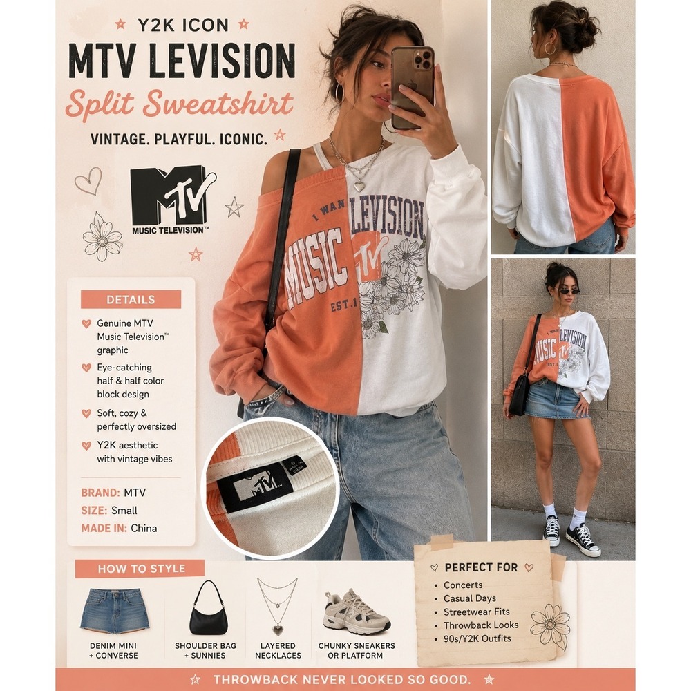MTV Graphic Sweatshirt Small Peach White Split Color Oversized Y2K
